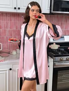 SweetSlumber Women's Colorblock Lace Cuff Robe And Camisole Nightgown Pajama Set - Pink - View 1