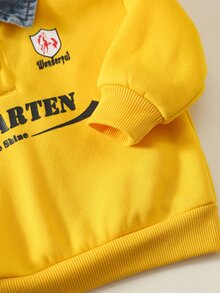 SHEIN 2pcs Baby Boy Autumn/Winter Letter Print Contrast Color Shirt Collar Long Sleeve Pullover Sweatshirt & Denim Jeans Two Pieces Set, Yellow Sweatshirt Racing Outfit, Sweatshirt Set, Denim Set - Multicolor - View 7