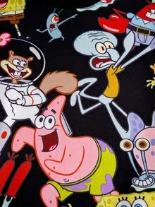 SpongeBob SquarePants | SHEIN 小男孩圓領短袖上衣與短褲休閒套裝 - 黑色 - 查看 4