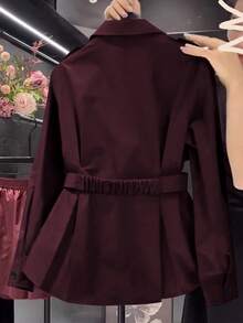 GlowEve CURVE Plus Size Women's Fashion Casual Solid Color Long Sleeve Cinched Waist Trench Coat Fall - Burgundy - View 2