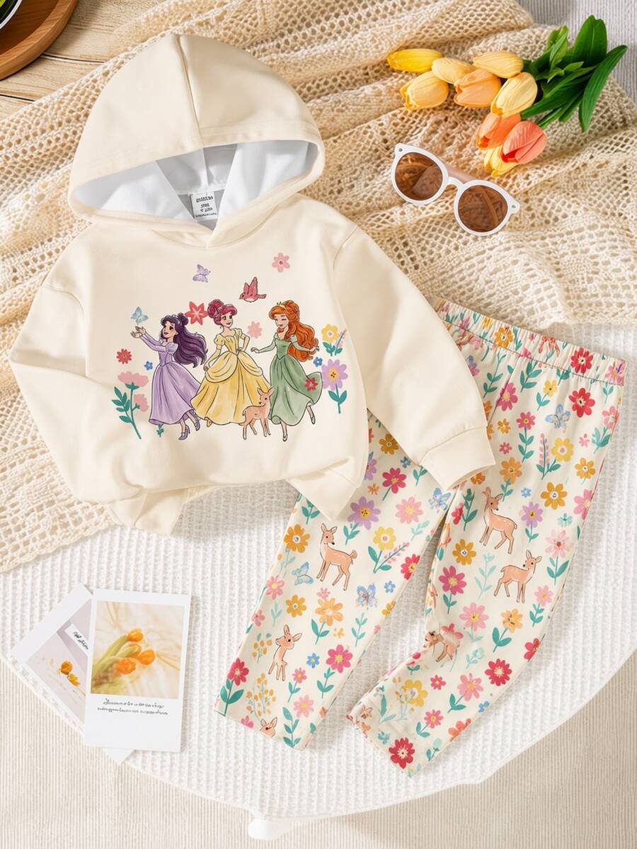 Baby Girl Fleece Hooded Sweatshirt & All-Over Ditsy Floral Long Pants 2pcs Set, Cute Princess Cartoon Pattern Sports Outfit For Baby GirlAutumn Winter - Multicolor - View 1