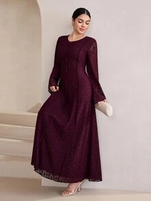 Graceveil Deep Purple Lace Waist-Cinching Round Neck Bell Sleeve Middle Eastern Muslim Arabian Dress - Red Violet - View 4