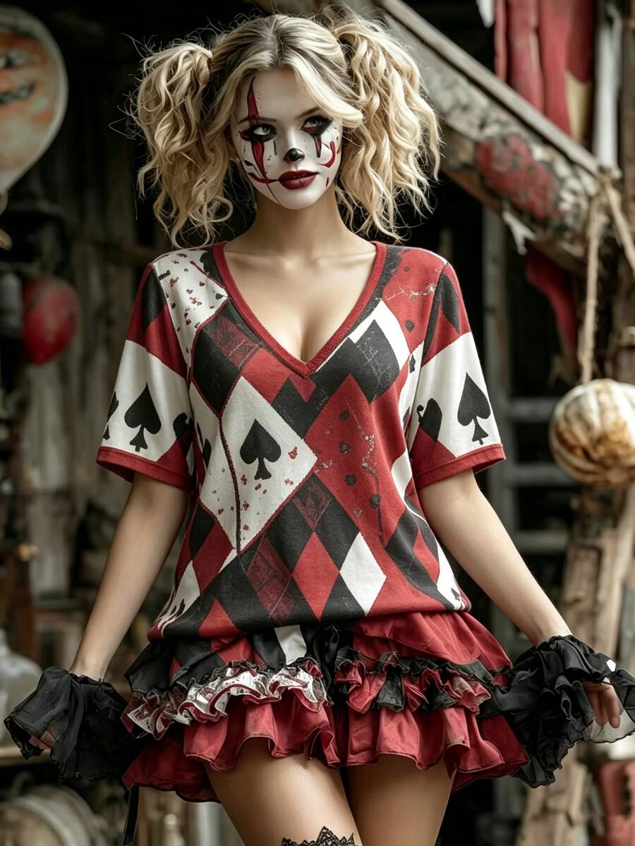 Breezaya 女款英式恐怖 Cosplay 套裝,萬聖節小丑元素女款 T 恤,適合 Cosplay - 彩色 - 查看 1