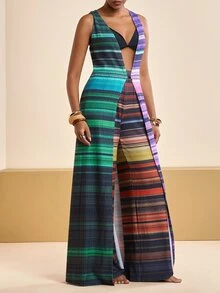 Zivah New Elegant Women's Striped Sleeveless Cover Up & Wide Leg Pants 2 Pieces Set, Versatile For Multiple Occasions, Beach Vacation, Commuting - Multicolor - View 4