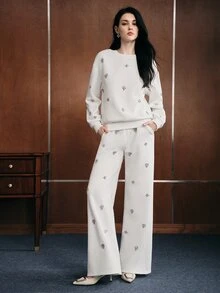 Anewsta Women's Elegant Fashion Casual Sweatpants With Rhinestone Decor For Autumn/Winter, Suitable For Outings, Parties And Holidays - White - View 1