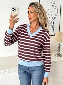 Easowa Women's Street Casual Striped Colorblock Long Sleeve T-Shirt - Brown - View 4