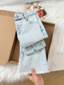 SHEIN ChillGRL Girls' Fashionable Versatile Denim Jeans, Soft & Comfortable Stretch Fabric, Distressed Light Wash With Ripped Hem Vintage Denim Craft, Flare Leg Style, Suitable For All Seasons, Spring/Autumn New Arrival - Light Wash - View 6