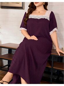 Lacomfia Women's Polka Dot Lace Casual Plus Size Dress - Purple - View 4