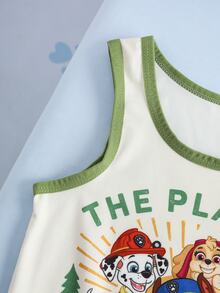 SHEIN | PAW Patrol طقم تانك توب وشورتات بطباعة كرتونية وحروف للأولاد الصغار - اخضر زيتون - مشاهدة 6
