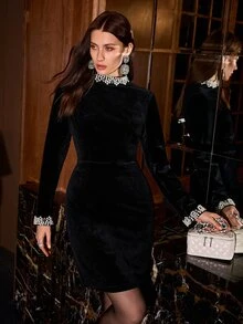 MOTF PREMIUM WOMEN'S SOLID COLOR VELVET BEADED ELEGANT SHORT DRESS FOR DAILY WEAR AND EVENING PARTY - Black - View 3