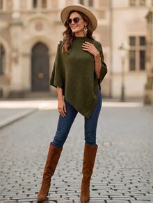 EMERY ROSE Sweater Wanita Model Poncho Lengan Kelelawar Kerah Tinggi dengan Detail Kancing Bahu, Pullover Rajut Longgar untuk Musim Gugur dan Musim Dingin - Hijau - View 7