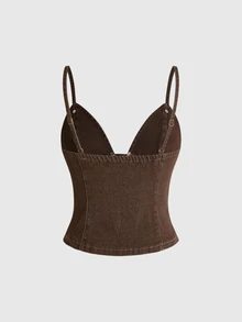 ROMWE Áo hai dây denim ôm sát nữ phong cách Grunge Punk mùa hè, trang trí khóa kim loại Napoleon - màu nâu - Xem 2