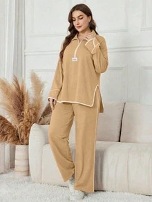 Modelyn 女款秋冬黑色立領半拉鍊字母貼布運動衫，寬鬆休閒百搭 2 件套 - 駝色 - 查看 5
