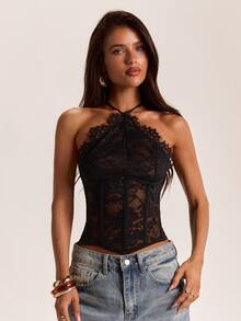 SHEIN BAE Autumn/Winter Solid Black Halter Lace Sexy Sheer Women's Bralette - Black - View 5