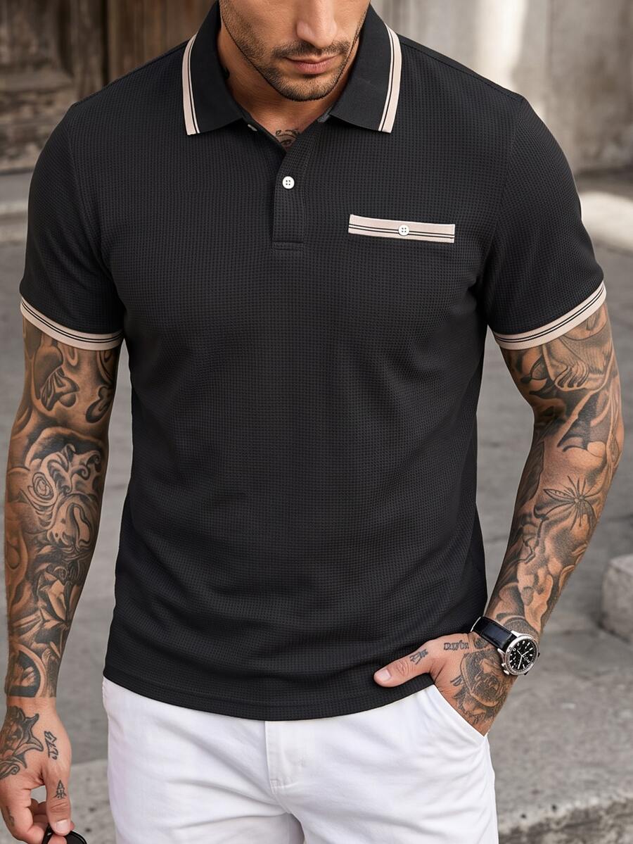 Manfinity CasualCool 男士拼色休閒日常短袖 Polo 衫 - 黑色 - 查看 1