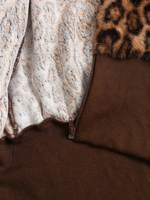Sweetra Women's Leopard Print Patchwork Faux Fur Hooded Zip-Up Short Coffee Color Sweatshirt Jacket - Coffee Brown - View 5
