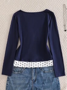 SHEIN Sparklyn 1件青少年女孩2合1長袖上衣，校園日常出遊春秋款，波點蕾絲蝴蝶結V領喇叭袖修身打底T恤 - 寶藍色 - 查看 2