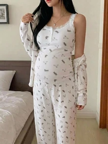 DAZY Floral Print Contrast Lace Camisole Loose Cardigan Straight Leg Pants Casual Daily Home Wear Maternity 2 Pieces Set - White - View 7