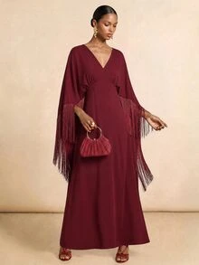 Vesra Wine Red Cape Sleeve 2 In 1 Tassel Patchwork Elegant Women's Long Dress - Burgundy - View 4