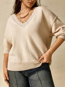 Nubod Lace V-Neck Soft Apricot Knitted Sweater - Apricot - View 6