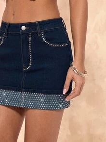 SHEIN BAE Women's Casual Daily Denim Mini Skirt With Pockets, Buttons And Rhinestones - Blue - View 4