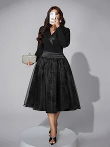 Viva Relle Plus Size Long Sleeve French Lapel Design Jacket And Long Skirt Suit Set - Black - View 1