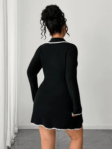 Elenzga Plus Size Women's Colorblock Lace Trim Polo Collar Knit Sweater Dress - Black and White - View 2
