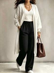 Linhara CURVE Plus Size Women's Autumn/Winter French Style Cream White Knitted Long Cardigan With 3D Rope Floral Embroidery, Lantern Sleeves, Casual Versatile Loose Fit Slimming Sweater Jacket, Suitable For Daily Commute, Dating And Other Occasions - White - View 2