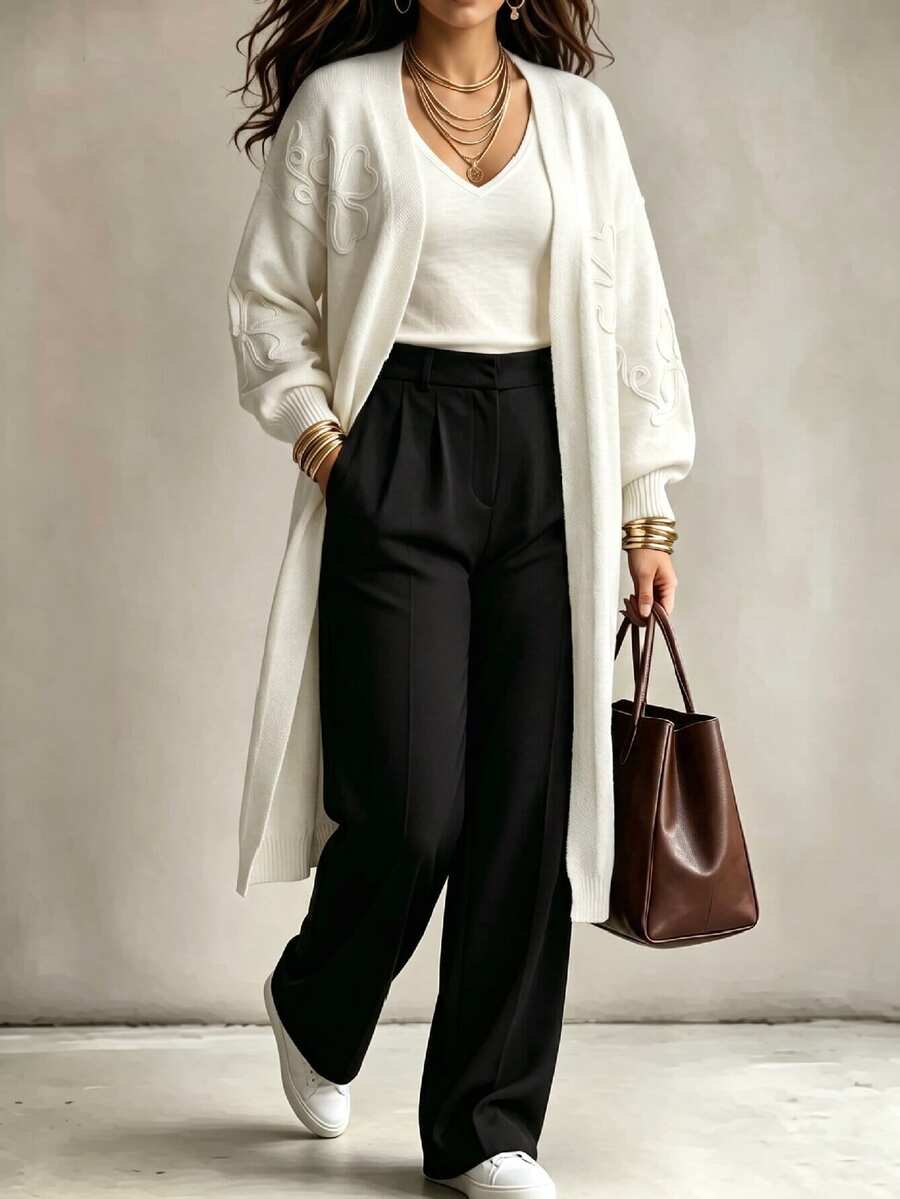 Linhara CURVE Plus Size Women's Autumn/Winter French Style Cream White Knitted Long Cardigan With 3D Rope Floral Embroidery, Lantern Sleeves, Casual Versatile Loose Fit Slimming Sweater Jacket, Suitable For Daily Commute, Dating And Other Occasions