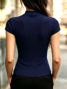SHEIN Pure Black Vertical Ribbed Stand Collar Asymmetric Placket 3 Metal Frog Button Short Sleeve T-Shirt, Slim Fit Waist-Cinching Figure-Flattering New Chinese Style Modified Cheongsam Top, Versatile For Daily Commute - Navy Blue - View 2