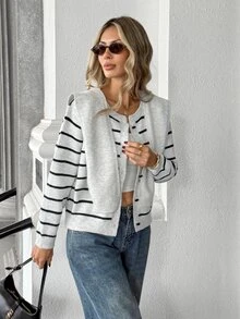 Pariaura Vintage Fashion Black Striped Detachable Shawl Design Soft & Cozy Casual Versatile Knit Cardigan - Grey - View 3