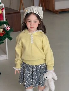DAZY Infant/Toddler (Girl) Hooded Lace Patchwork Korean Style Long Sleeve Sweater - Yellow - View 3