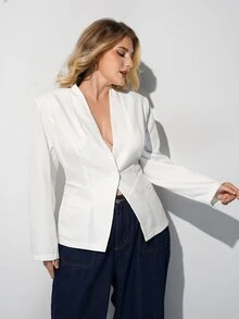 Maija Plus Size Women's Solid Color Single Button Casual Commute Blazer - White - View 3
