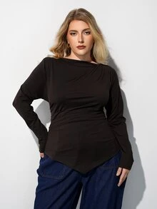Maija Plus Size Fashion Streetwear Ruched Asymmetrical Hem T-Shirt - Brown - View 4