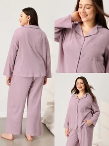 LUVLETTE Set Piyama Wanita Ukuran Plus Katun Lembut Nyaman Motif Waffle Kotak-kotak Klasik untuk Musim Gugur, Atasan Lengan Panjang dan Celana Panjang, Pakaian Musim Gugur - Berwarna merah muda - View 2