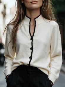 Omancia Chic Contrast Binding V Neck Knit Cardigan, Women Long Sleeve Button Down Elegant Slim Fit Fall Sweater - Apricot - View 5