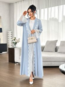Graceveil Women's Contrast Lace Long Sleeve Elegant Arabic Abaya - Baby Blue - View 4