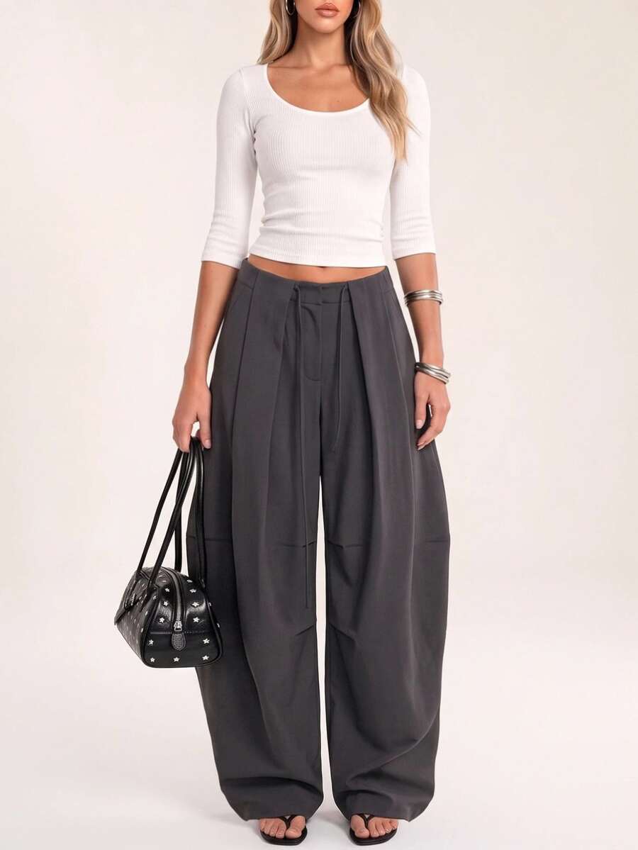 Avantive Women's Simple Pleated Tie Waist Loose Long Pants For Vacation & Travel - Grey - View 1