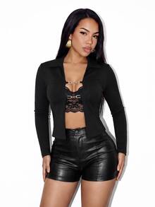 BamGleam Women's Solid Color Metal Front Button Long Sleeve Sexy Blouse - Black - View 3