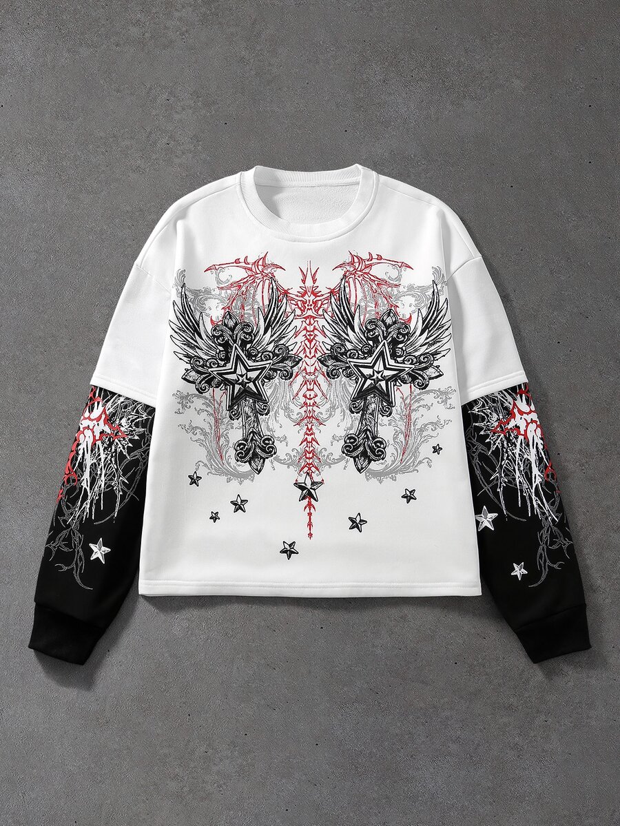ROMWE MEN Men's Wing Print 2 In 1 Crew Neck Casual T-Shirt - White - View 1