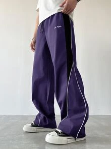 Manfinity EMRG Men's Casual Colorblock Drawstring Straight Leg Pants, Loose Long Patchwork Black Straight Leg Sweatpants For Outdoor - Purple - View 5