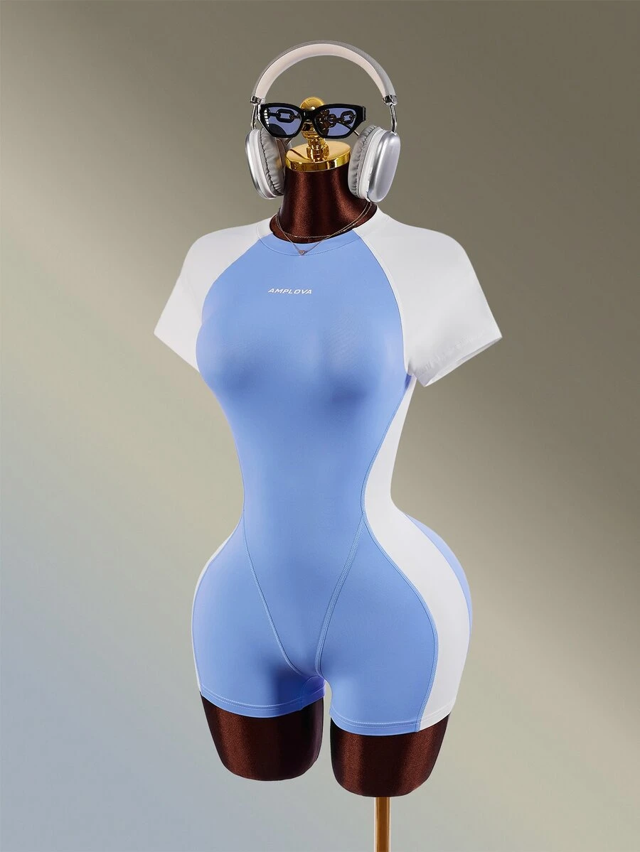 Amplova 女款字母對比色插肩袖短袖露背運動連身褲 - 藍色 - 查看 1