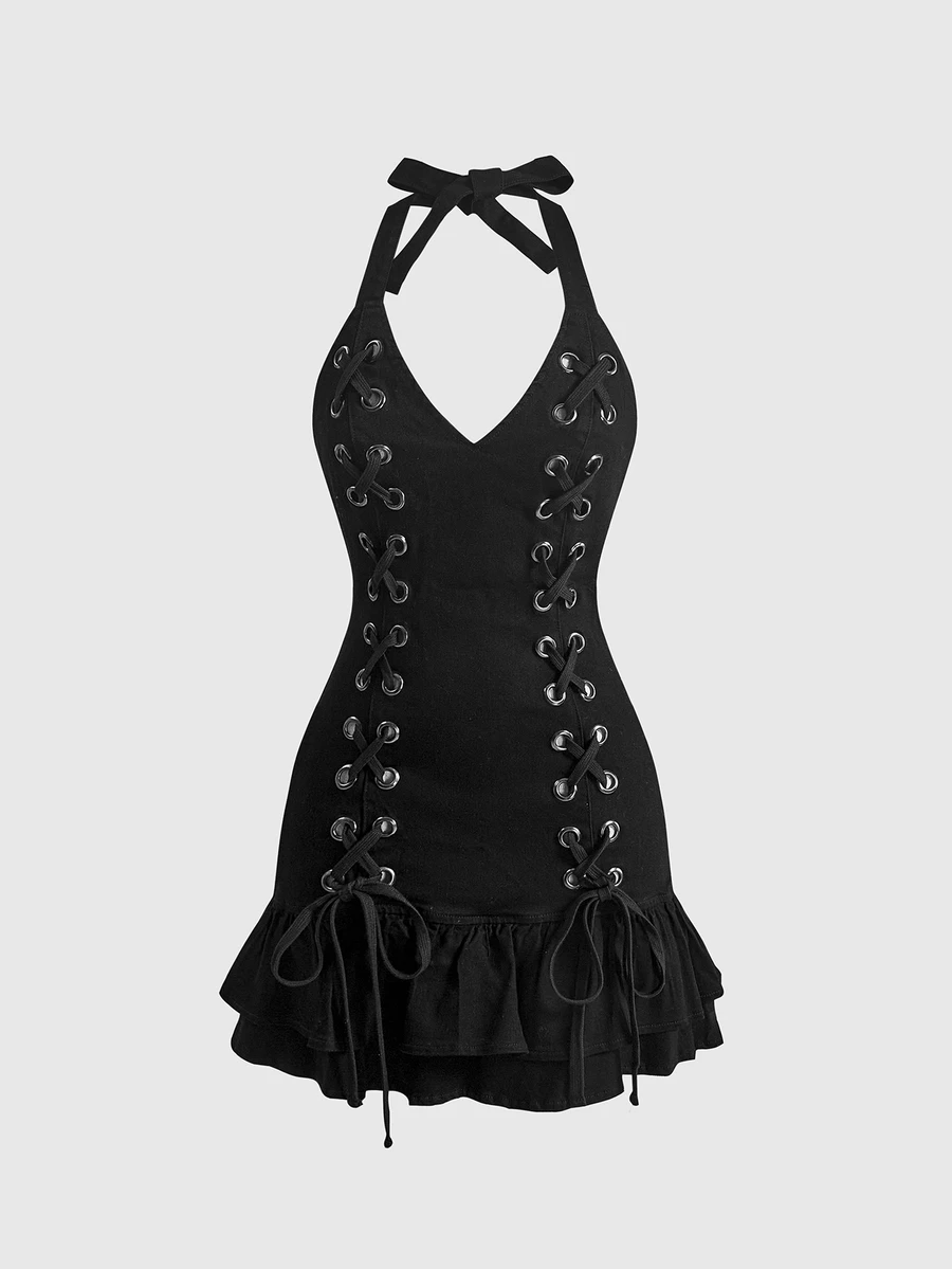 ROMWE Street Life Street Style Halter Neck Elastic Denim Eyelet Decor Women's Cake Dress - Black - View 1