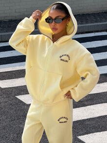 Muchica 女款字母印花連帽衛衣與長褲休閒日常套裝 - 淡黃色 - 查看 5