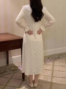 DAZY Polka Dot Patchwork Ruffle Trim Loose Long Sleeve Casual Daily Home Wear Spring Autumn Long Dress Maternity Dress - Apricot - View 2