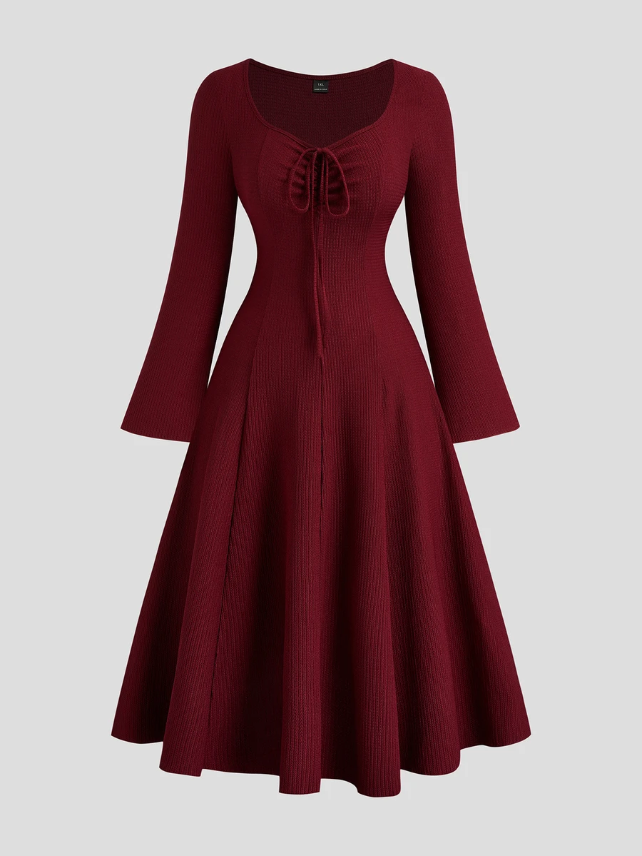 Sweetra Plus Size Women's Solid Color Front Tie Flare Sleeve Elegant Waist-Cinching A-Line Dress Fall - Burgundy - View 1
