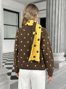 Pariaura Vintage Colorblock Polka Dot Loose Fit Slimming Slouchy Cardigan Sweater Jacket With Matching Scarf - Coffee Brown - View 2