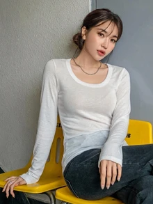 DAZY 女款純色圓領長袖休閒百搭T恤 - 白色 - 查看 5
