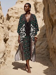 Zivah New Elegant Women's Multi-Color New Chinese Style Pattern Printed Square Scarf Style Tie-Front Bohemian Vacation Robe Long Cover-Up, Suitable For Multiple Occasions, Elegant Women's Beach Vacation Versatile - Multicolor - View 10