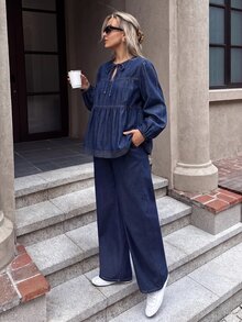 SHEIN 孕婦休閒前綁帶長袖上衣與牛仔褲兩件套 西式女裝 牛仔女郎秋季穿搭 - 藍色 - 查看 8